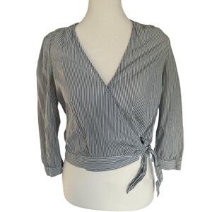 Madewell Gray and White Wrap Blouse with 3/4 Sleeves